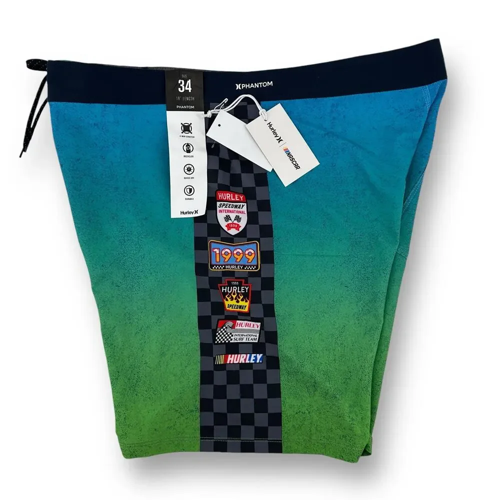 Hurley Eco Phantom NASCAR Racetrack Boardshorts Swim Trunks Sz 34 18